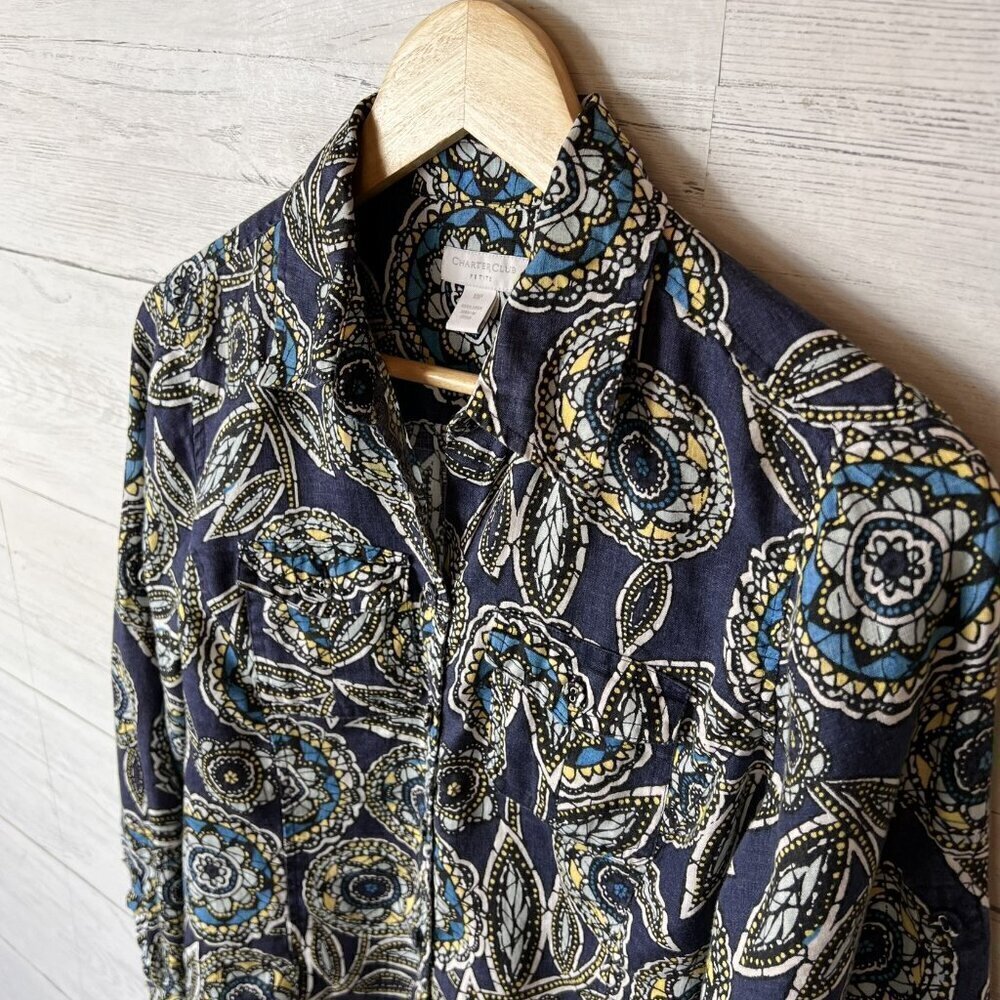 Charter Club Shirts Womens Size 10P Colorful Floral Button Stained Glass Linen - Picture 4 of 16